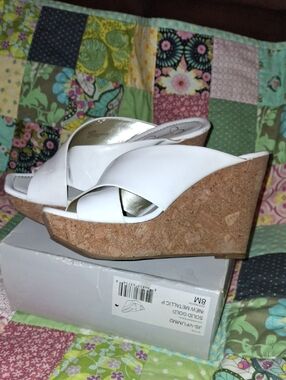 Jessica Simpson White Cork Wedge Slide Sandals